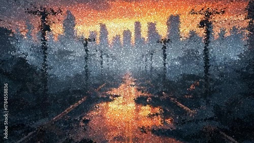 Destroyed City Street with Broken Power Lines and Damaged Skyscrapers Reflecting Sunset Light on Wet Pavement, Animation Made of Cubes