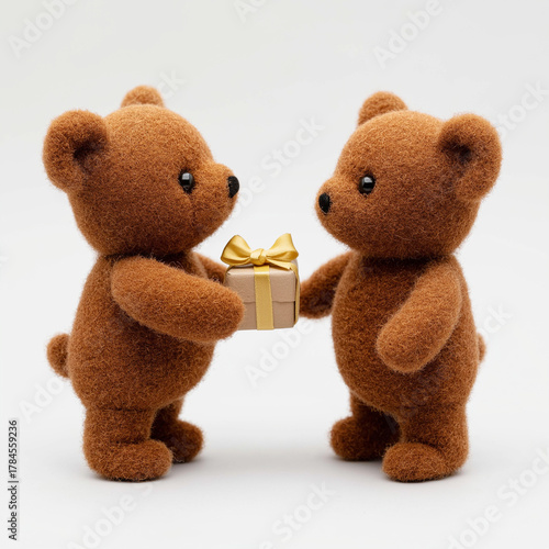 Two teddy bears are giving each other a gift