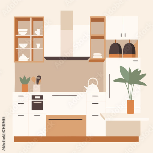 Kitchen Interior - Clean Modern Culinary Space with Cabinets, Countertop, and Organized Elements