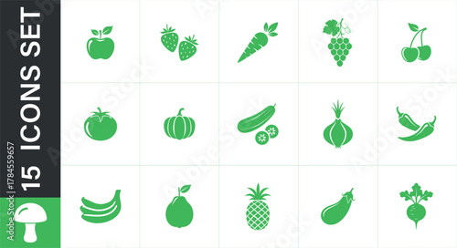 Collection of green fruit and vegetable icons. A set of simple, flat green icons representing 
various fresh fruits and vegetables Use for web or print design.