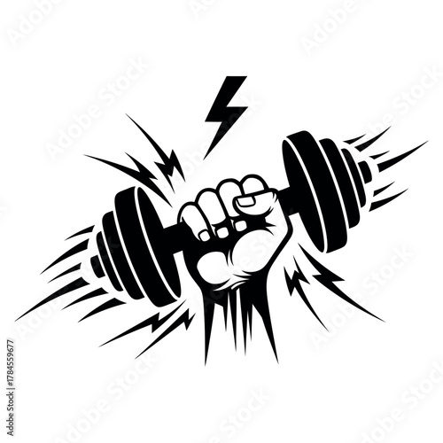 Black silhouette of a muscular hand holding a dumbbell isolated on white background