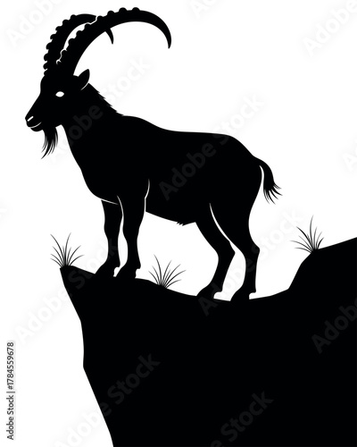 Bold black silhouette of mountain goat ibex profile isolated on white background