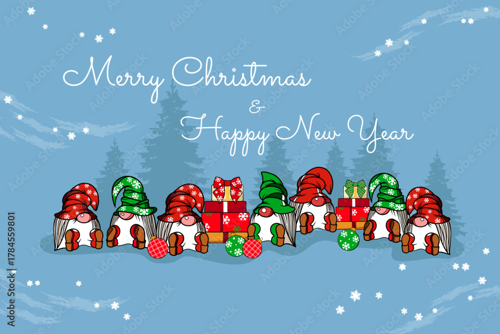 Naklejka premium Cute Christmas Gnomes with Gifts on Winter Background, Merry Christmas and Happy New Year Greeting Card