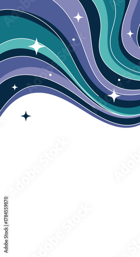 Abstract illustration of swirling aurora borealis with stars.