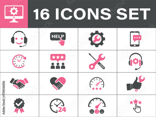 Customer service and support icon set isolated on white background. including communication, 
feedback, and technical solutions