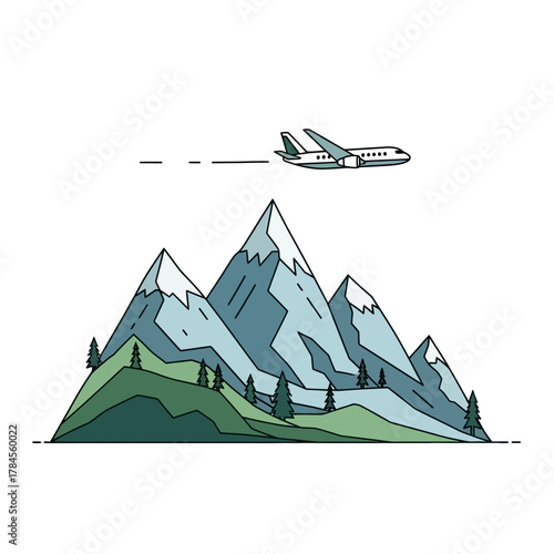 Airplane flying over snowy mountain peaks illustration.