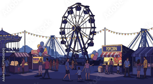Amusement park scene with Ferris wheel and people.