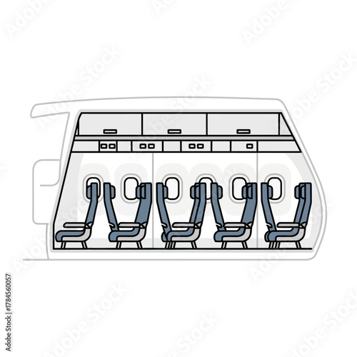 Airplane Interior View with Passenger Seats.