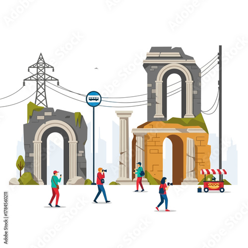 Ancient ruins with tourists and street food.