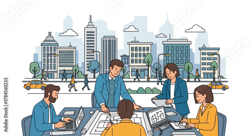 Architects working on building design project in city.