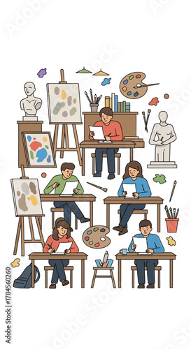 Art Class Students Painting and Sculpting.