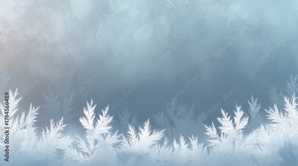 Obraz premium Frosted Ferns Under Winter Sky Evoking Serene Atmosphere in Cool Color Palette for Winter Themes, Seasonal Designs, and Nature Illustrations