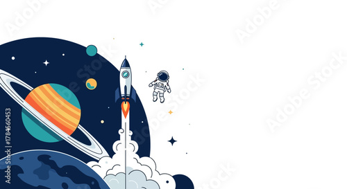 Astronaut and Rocket Ship in Space Exploring the Universe.