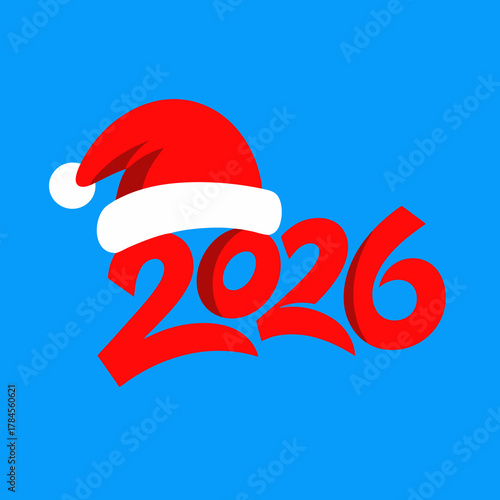 Christmas 2026 festive greeting design with red Santa hat over blue background celebrating holiday joy winter happiness and cheerful seasonal decoration art