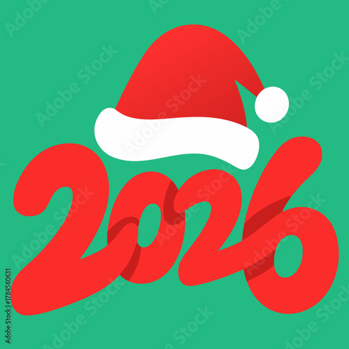 Christmas 2026 design featuring red Santa hat and festive typography celebrating joyful holiday season winter spirit and new year celebration theme art