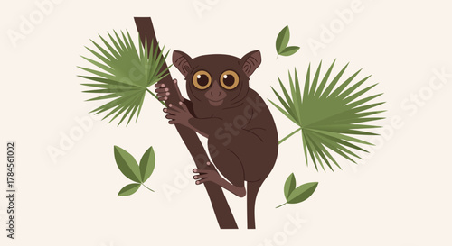 Playful Cartoon Tarsier on Palm Branch