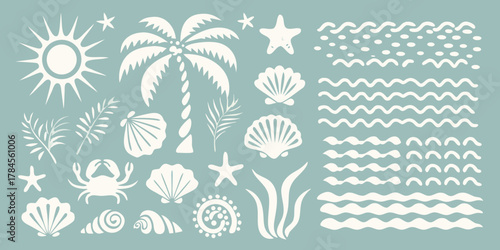 Collection of white beach and ocean themed icons and patterns on a muted blue background