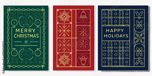Festive geometric holiday cards featuring merry christmas and happy holidays messages