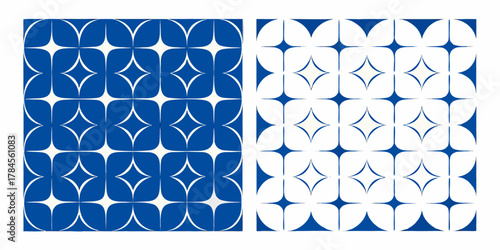 Two contrasting geometric patterns featuring abstract star shapes in blue and white