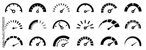 Speedometer and gauge icon set, dashboard performance meter symbols, automotive speed and indicator dials, vector measurement elements