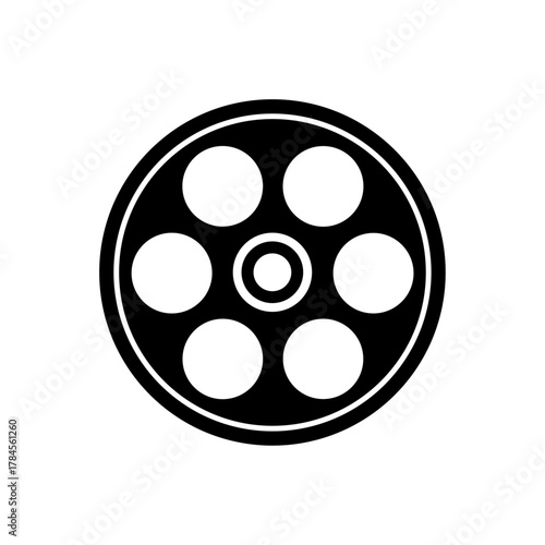 Film reel symbol in black, representing cinema, video production, and filmmaking industry concepts.
