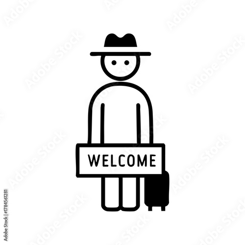 Black line design of a person in a hat holding a "Welcome" sign and a suitcase, representing hospitality, greeting, and travel arrival services.
