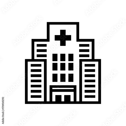 Black line building with a cross symbol representing a hospital, healthcare facility, or medical center in a simple geometric style.