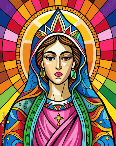 the Virgin Mary real, Stained Glass Style , rainbow color
