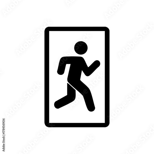 Emergency exit sign showing a running figure leaving through a door, symbolizing safety, evacuation, and fire escape directions.