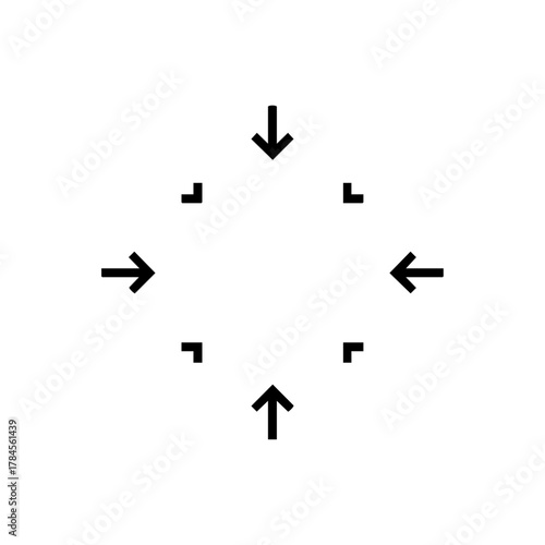 Four arrows pointing inward symbolizing compression, focus, and central alignment used in design, media, and user interface icons.