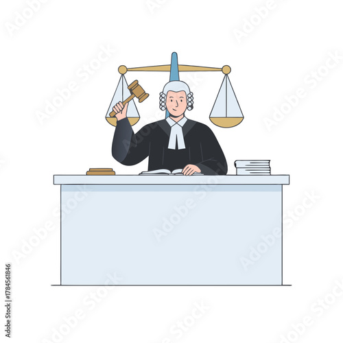 Judge in a wig and robe holding a gavel in courthouse interior with justice scale illustration in pastel tones flat design vector