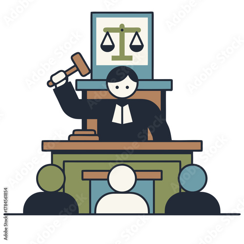 Judge Presiding Over Court Session With Gavel Raised And Balanced Scales Of Justice Above Books On Desk With Spectators Watching In Pastel Minimalist Design