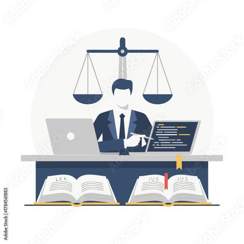 Lawyer and client in legal consultation meeting at desk with open books laptop and weighing scales of justice illustration in pastel flat vector style