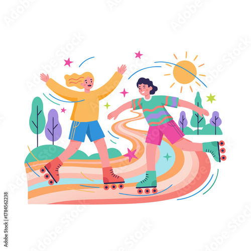 Joyful friends rollerblading outdoors on a colorful path with raised arms and big smiles under a cheerful sun and sparkling stars