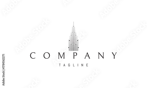 A vector logo featuring an abstract image a radiant tower made of light beams rising upward, symbolizing progress and enlightenment.