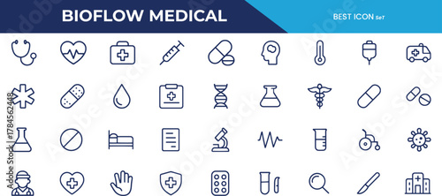 Bio Flow Medical Line Icons Pack – 30 Professional Healthcare & Medical Outline Icons