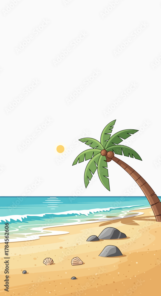 Obraz premium Beautiful beach scene with palm tree and ocean view.