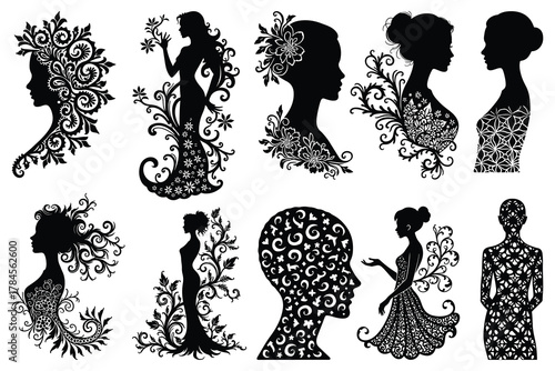 Black silhouettes of women with floral and ornamental designs