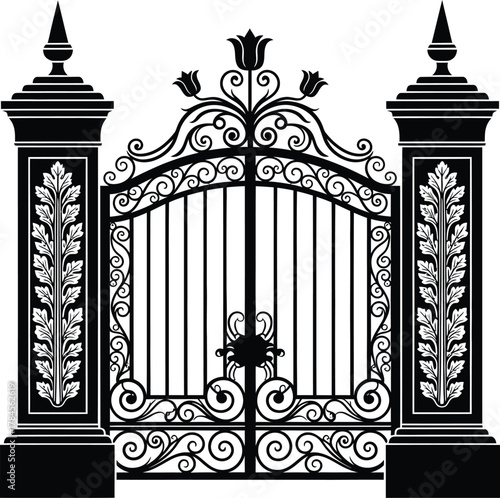 Decorative wrought iron gate vector illustration black and white art eps silhouette