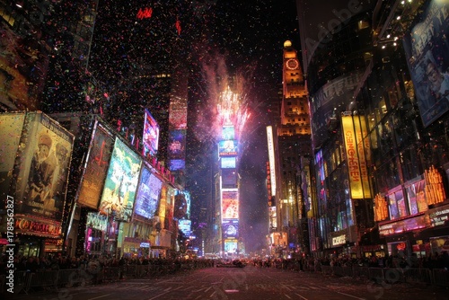 Times Square New York fireworks for New Year, crowd celebrating below, night skyline glowing, colorful bursts in sky, lively festive urban atmosphere, city celebration