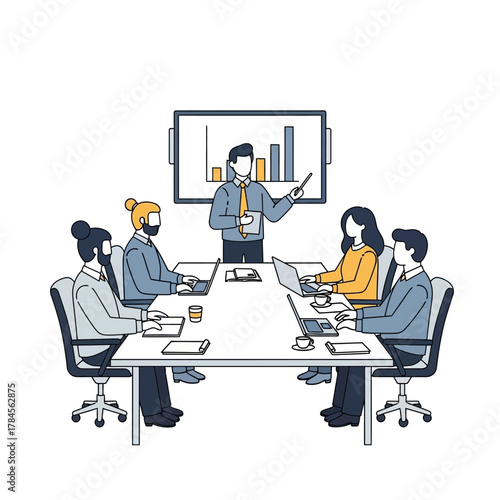 Business meeting presentation with charts and graphs.