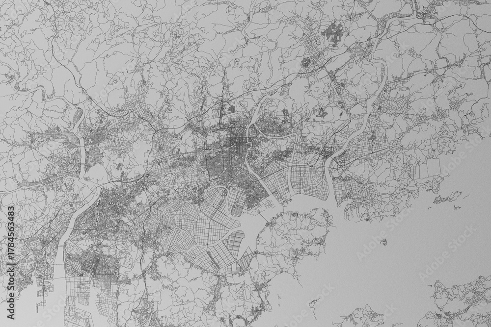 Obraz premium Map of the streets of Okayama (Japan) made with black lines on grey paper. Top view. 3d render, illustration