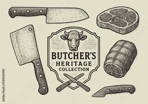 Vintage Butcher's Heritage Collection with Meat and Tools