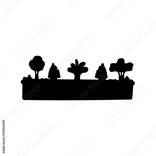 Silhouette of various trees and shrubs in a garden or landscape arrangement