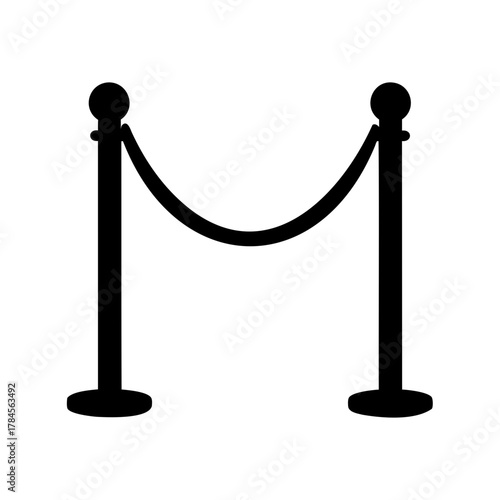 Black and white illustration of an entrance barrier with velvet rope
