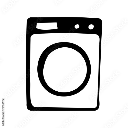 Simple washing machine drawing in black and white with round door