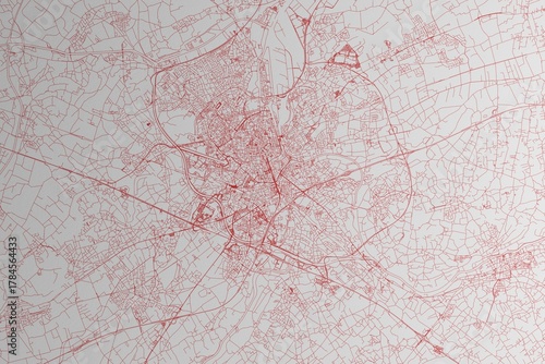 Obraz na płótnie Map of the streets of Gent (Belgium) made with red lines on white paper