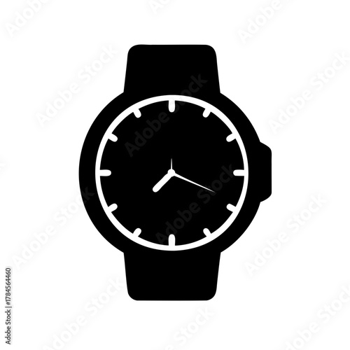 A simple black and white illustration of a modern analogue wristwatch