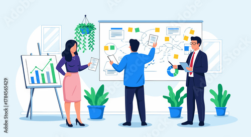 Business team collaborating on a strategy board with charts and graphs in a modern office setting