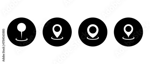 Place marker icon set in black circle. Map pin, location and gps pointer symbol. Navigation and destination sign
